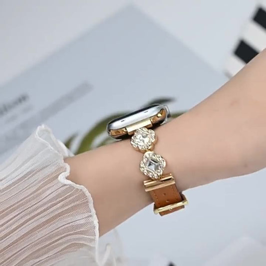 Leather Belt with Sparkling Diamonds and Four - Leaf Clover Motif