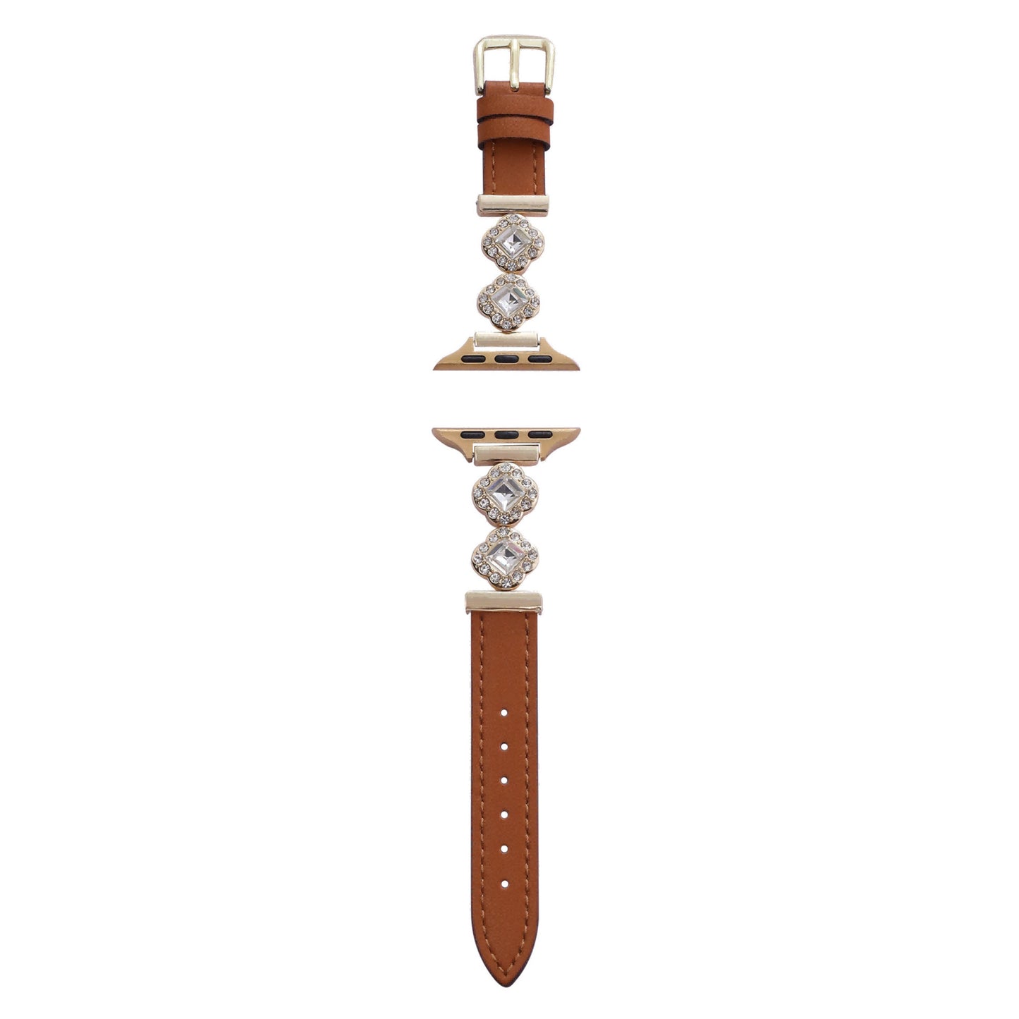 Leather Belt with Sparkling Diamonds and Four - Leaf Clover Motif