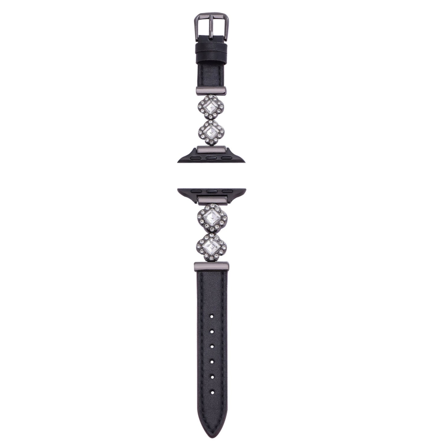 Leather Belt with Sparkling Diamonds and Four - Leaf Clover Motif